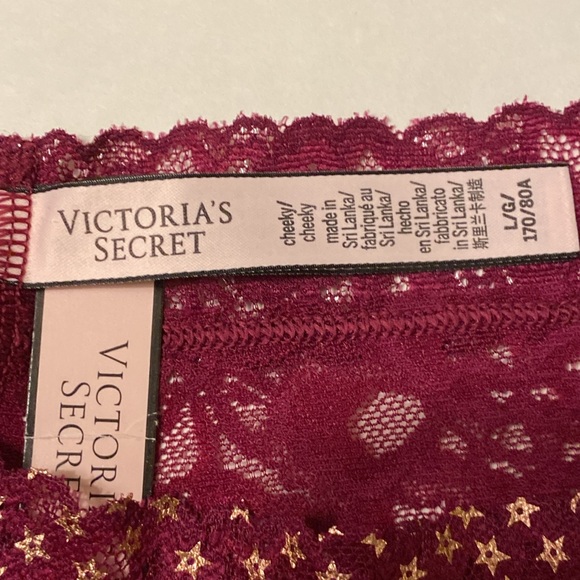 Lg NWT Victoria's Secret Cheeky Gold Star Sheer Lace Burgundy Maroon Panties New - Picture 3 of 13